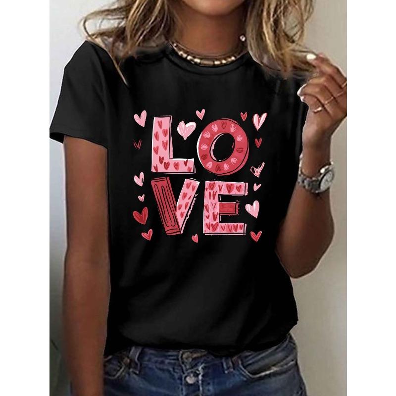 European Size Women'S White LOVE Print T-Shirt | Pink Heart and Red Letters, Short Sleeve Round Neck, Pink Bow Decoration