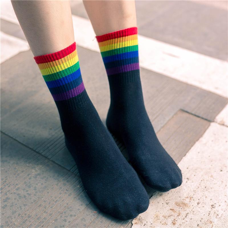 Women's Harajuku Rainbow Stripes White Black Cotton Socks Fashion Christmas Casual Tide Streetwear Dropship