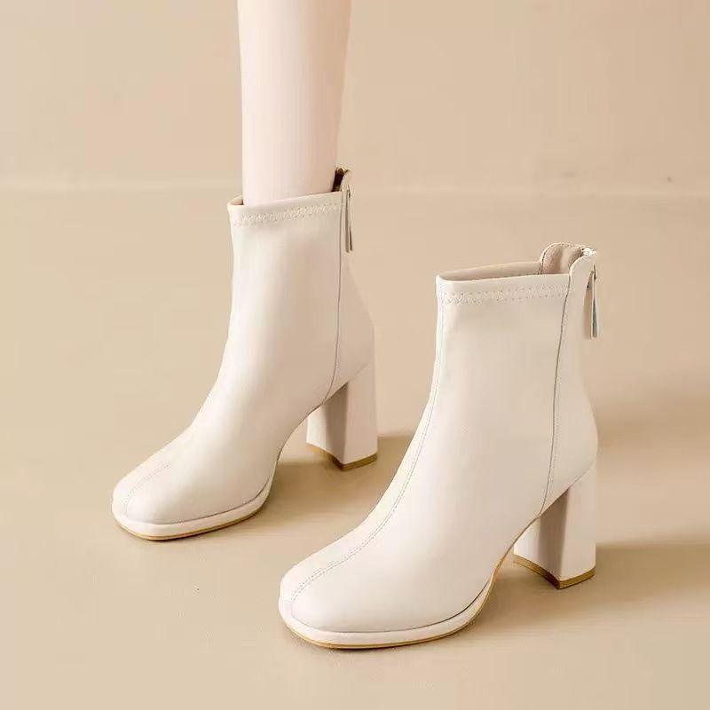 High Heel Short Boots Women's Comfortable White Thick Heel Small Elastic Skinny Boots Martin Boots Foreign Style