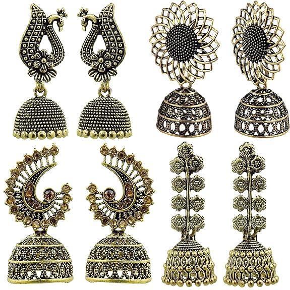 Fashion Latest Traditional Oxidized Silver and Antique Golden Base Metal Dangle and Drop (COMBOs of 4) Jhumki Earrings for Women & Girls