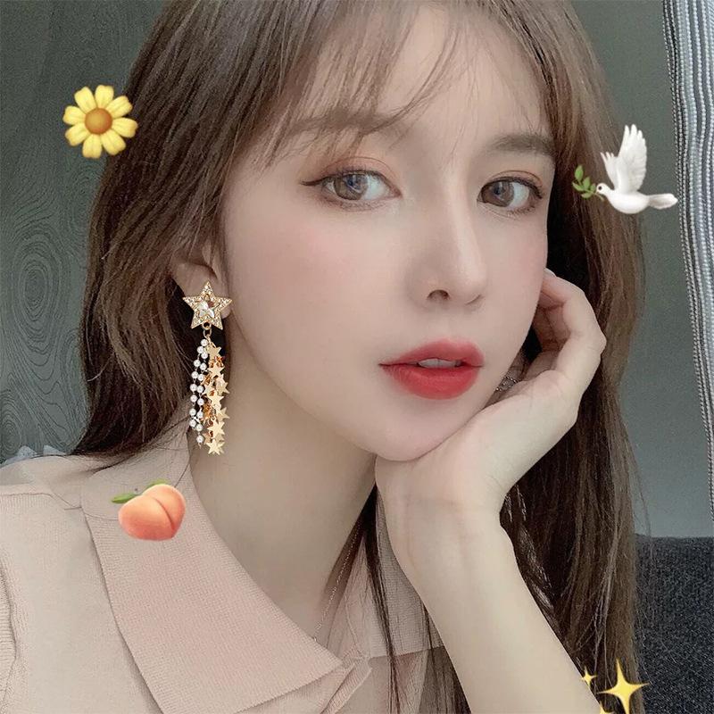 Silver Needle Super Flash Five-pointed Star Earrings Feminine Versatile Fringed Pearl Earrings Temperament Earrings Tide