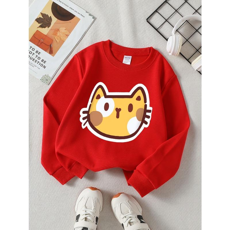 Kids Sweatshirt Crewneck Sweatshirt Cute Cat Face Sticker Design Pattern Machine Washable, Spring And Autumn, Sportswear And Casual Wear
