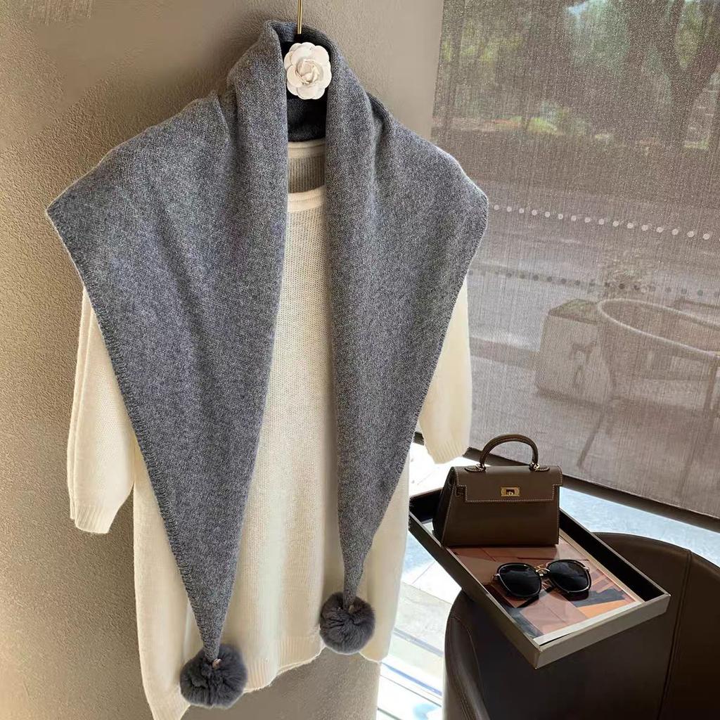 Women S Warm Knit Triangle Scarf With Pom Pom Korean Style Versatile Fashion Scarf