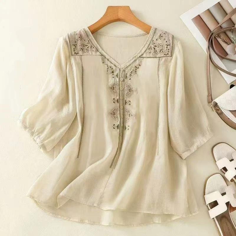 Women Embroidered Linen Blend Blouse V Neck Three Quarter Sleeve Casual Shirt