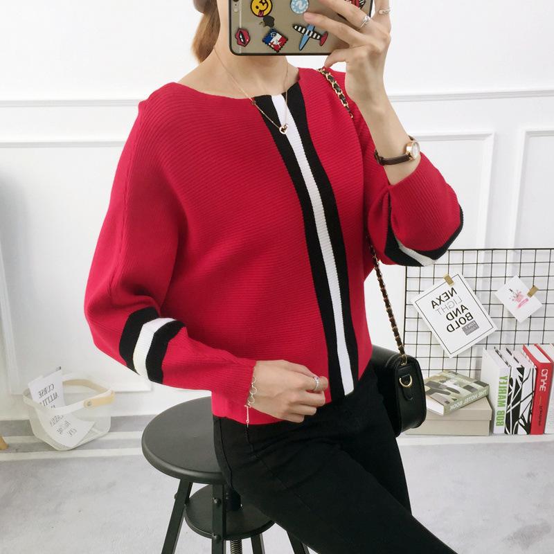 2022 neue Herbst Winter Frauen Pullover Pullover Streifen Kontrast Farbe Fledermaus Ärmel Strick Jumper Lose Kurze Tops Outwear Pull Femm