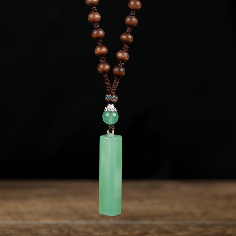 Vintage Dongling Jade Pillar Necklace Crystal Pendant Mahogany Sweater Chain Women's Simple Pendant Cotton and Linen Accessories