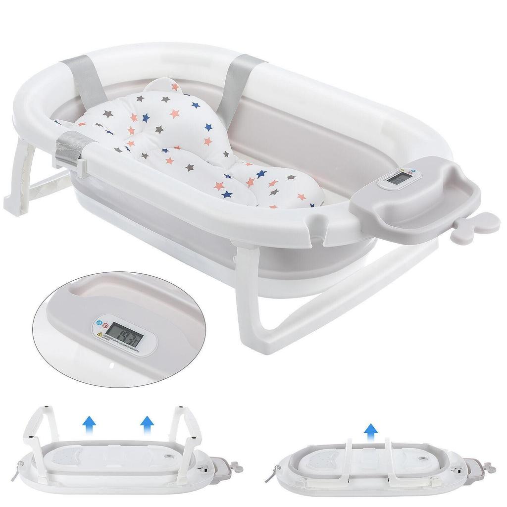 Foldable Baby Bath Tub Ergonomic with Temperature & Cushion Bath Pad + Bath Net