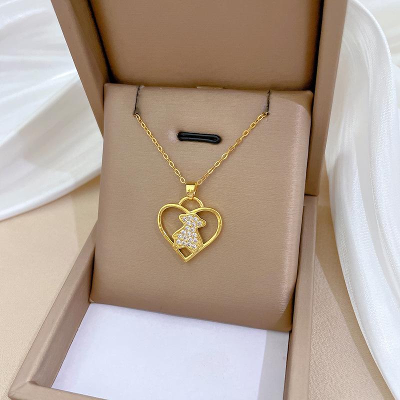 Love Bear Full Diamond Light Luxury Temperament Gorgeous Full Diamond Necklace Female Versatile Collarbone Chain Titanium Steel Chain
