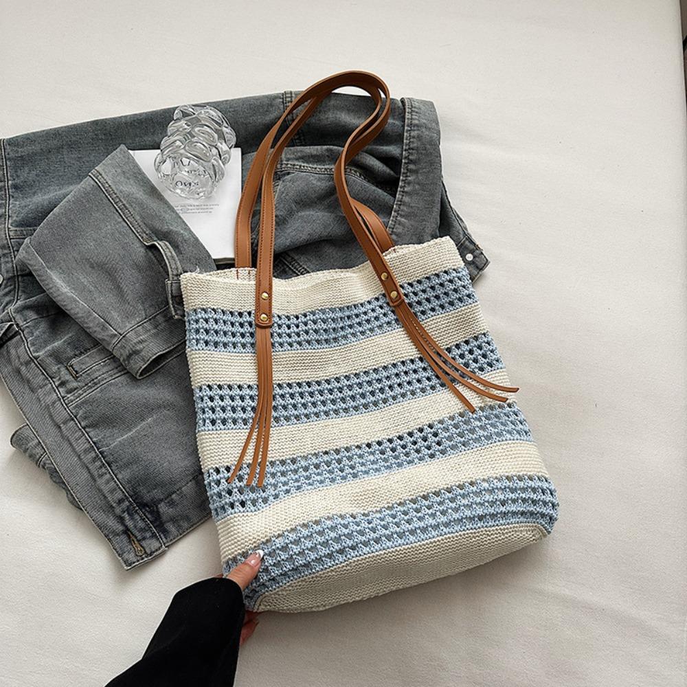 

Fashion Bohemian Shoulder Bag Contrast Color Summer Beach Straw Handbag Girls синий