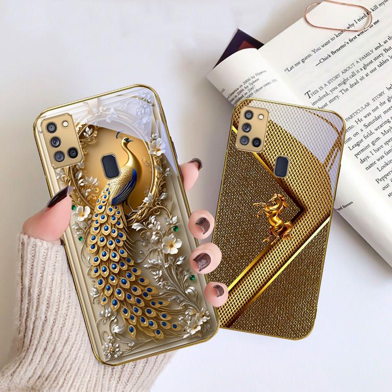 Goldene Pferde-Skulptur Für Samsung A 31 32 A33 A34 35 14 A15 13 A16 25 26 50 52 53 54 55 56 70 71 72 73 Goldene Glas-Handyhülle