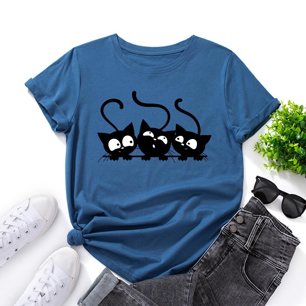 Cotton T-Shirt Short Sleeve Round Neck Women 2d Print Tops