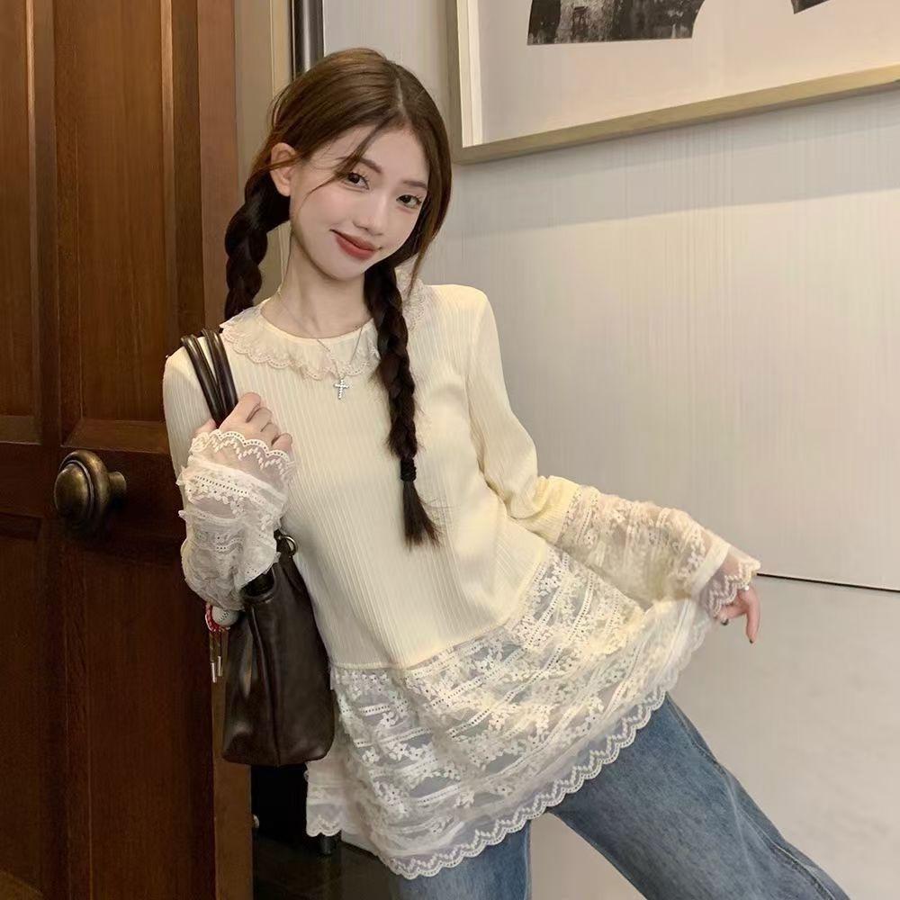 Women's Autumn Long Sleeve Lace Hem Shirt - Stylish Layered Design