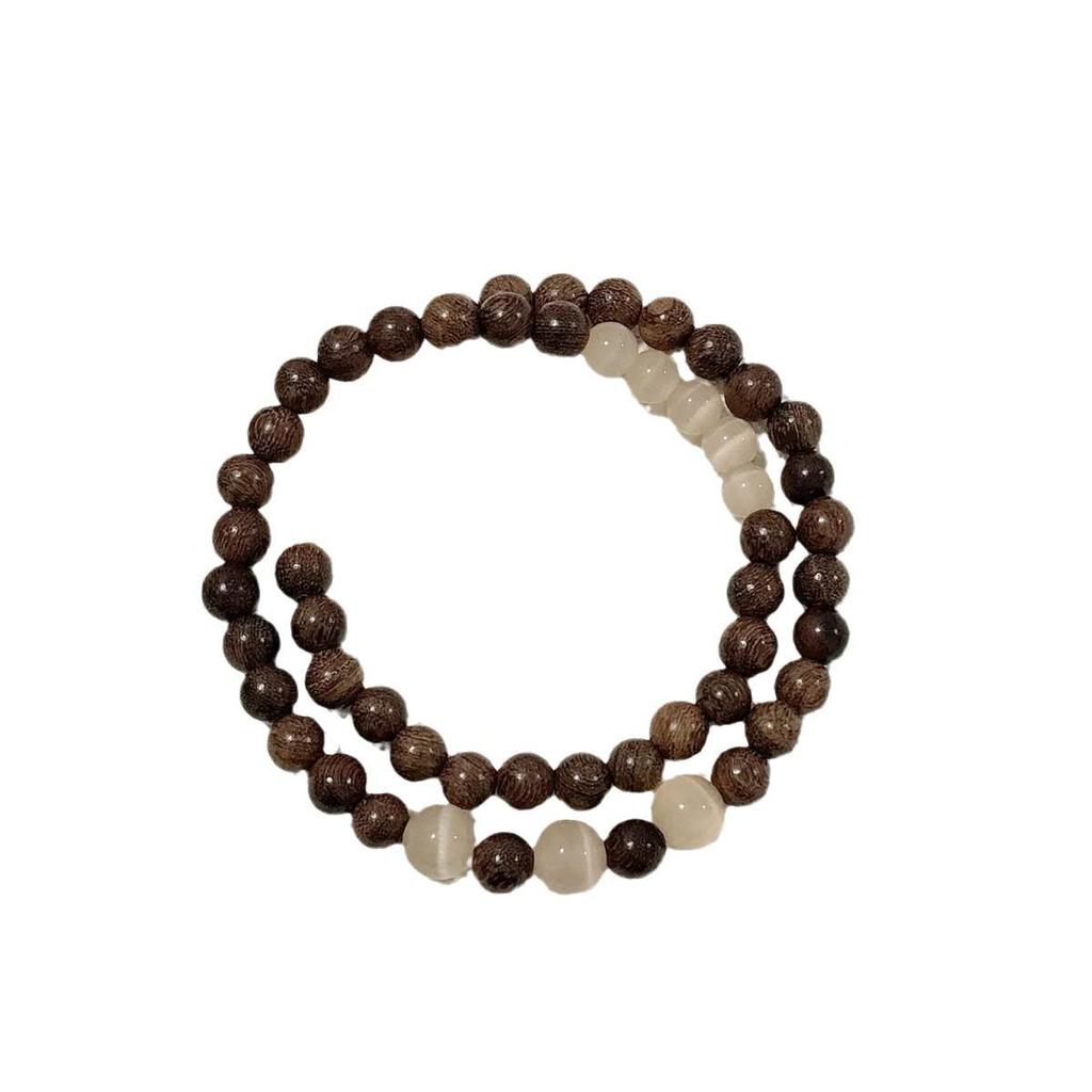 Chinese Sandalwood Beaded Bracelet - Niche Design, Versatile Double Wrap, Stackable Cat's Eye Accessory