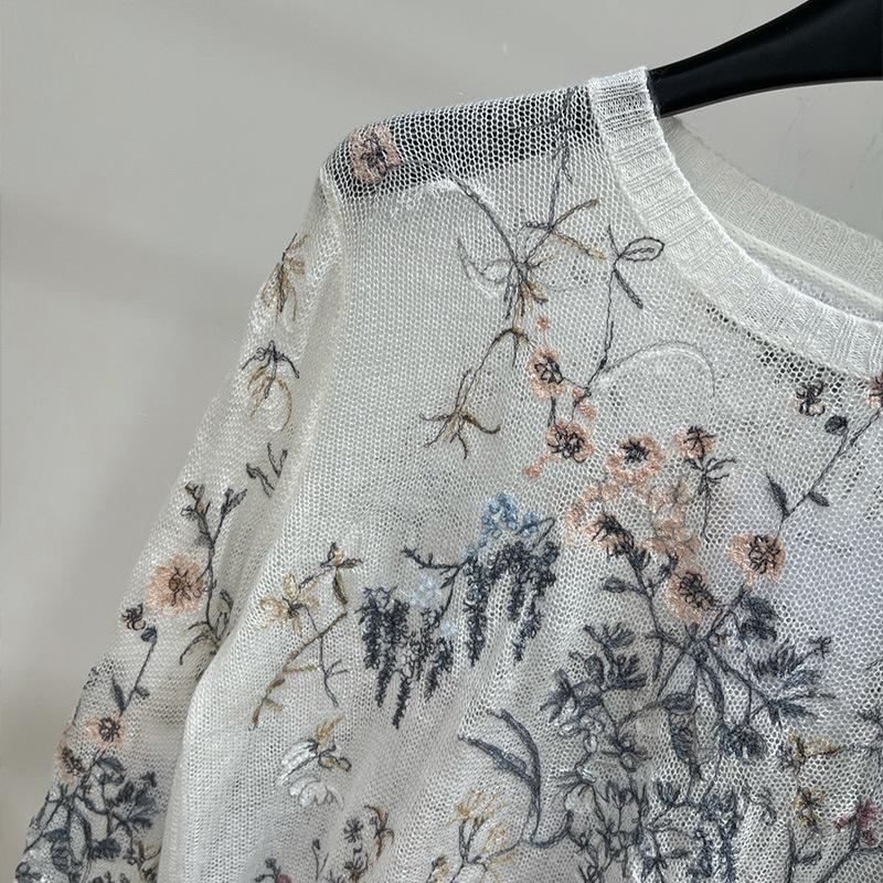 Nanyou Floral Embroidered Hollow Round Neck Sweater: Slimming, Flattering, Age-Defying Women's Fashion Top