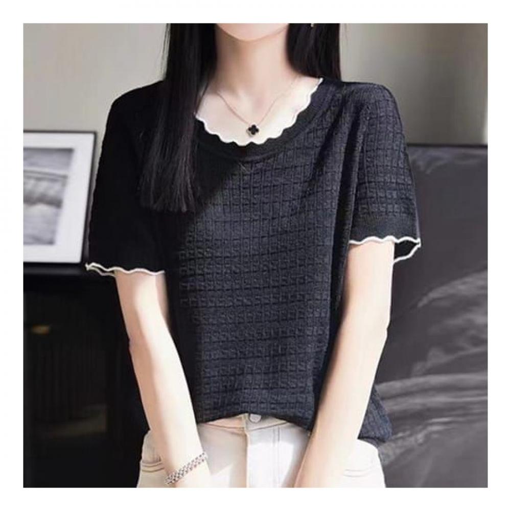 Navava Short Sleeve Solid Wave Knit Round Neck Nk2254