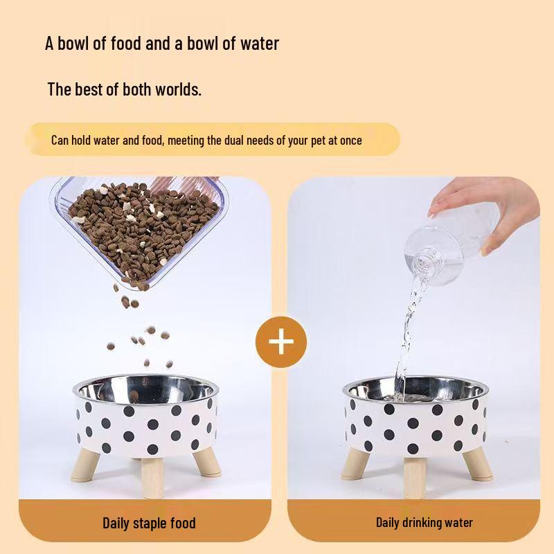Polka Dot High-Footed Stainless Steel Pet Bowl - Anti-Spill, Neck Protection for Cats & Dogs