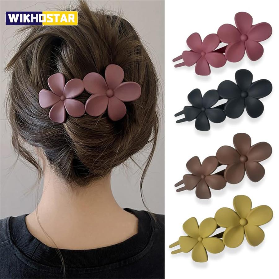 4Pcs Flower Hair Clips Matte French Hair Barrette Black Floral Hairpins Hair Claw Clips Non-Slip Hair Clamps Grab Elegant Hair A