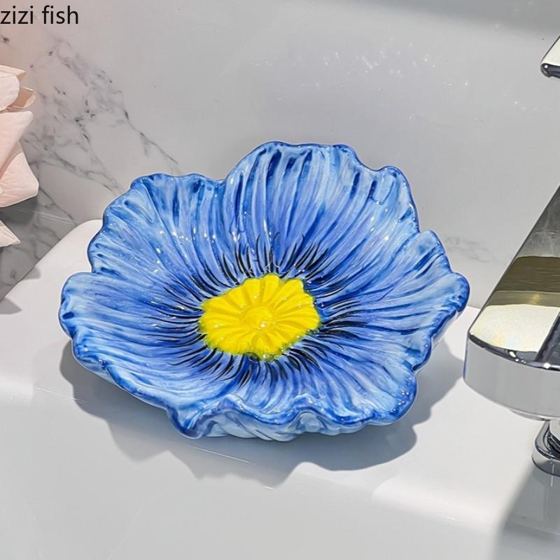 Flower Ceramic Soap Box Soap Dish Bathroom Soaps Rack Draining Basket Desktop Shelf Soaps Stand Organizer Jewelry Tray