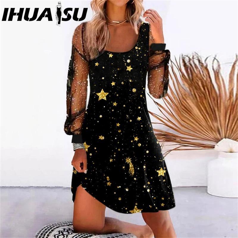 IHUASU Women's Fashion Spring Autumn Solid Color Print Long Sleeve U-Neck High Waist Casual Dresses