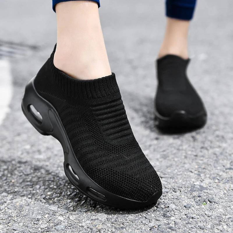 Fashion Women Sneakers 2025 Spring Flat Shoes Slip on Platform Sneakers for Women Black Breathable Mesh Sock Sneakers Shoes