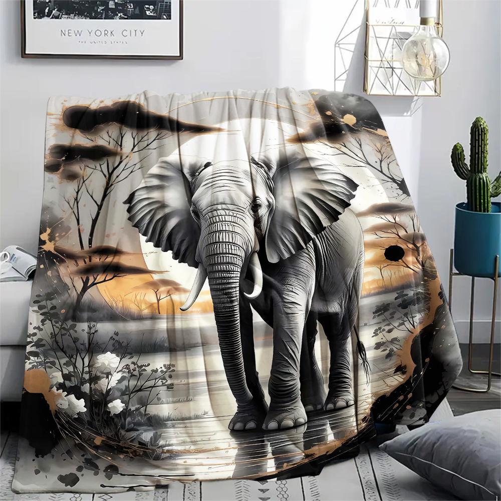 1Pc Africa Elephant Print Flannel Blanket, High Quality Comfortable for All Seasons, Home Decor, Warmth and Comfort, Perfect for Christmas Gifts