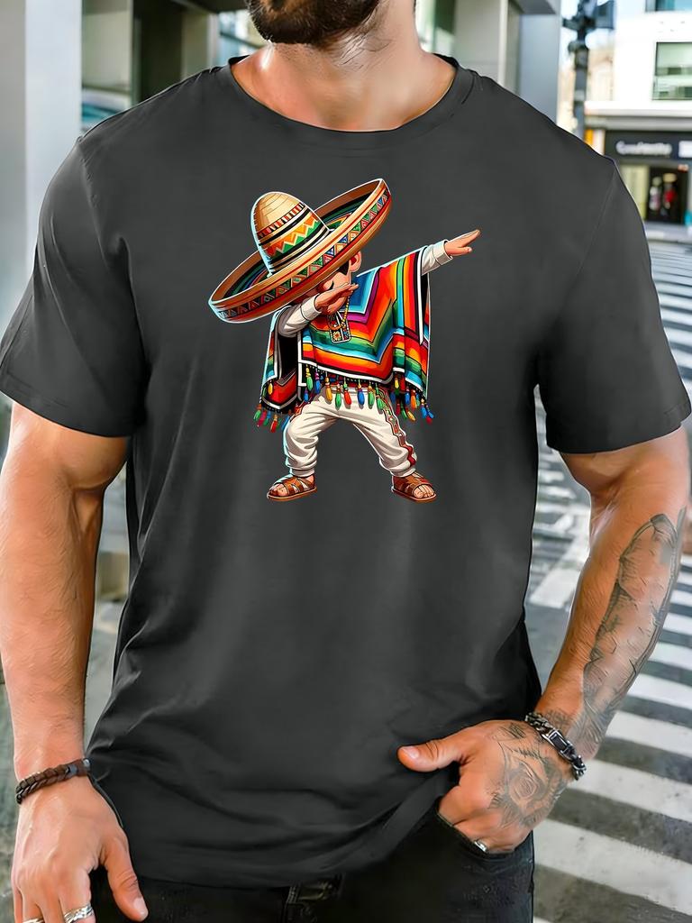 Unisex Cotton Crew Neck T Shirt Dabbing Mexican Unisex Sombrero Poncho Cartoon Print Fiesta Culture Casual Short Sleeve Male Daily Top