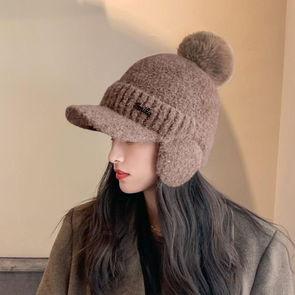 Solid Color Knitted Baseball Cap Thermal Ear Flap Protection Hat Pompom Plush Beanie Skiing