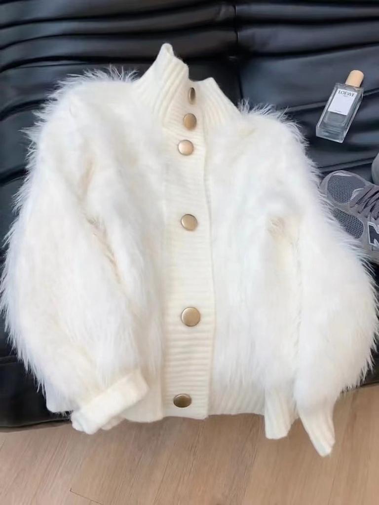 White Imitation Mink Fleece Sweater Jacket for Women's Autumn and Winter New Fluffy Top, Loose Lazy Wind Knitted Cardigan
