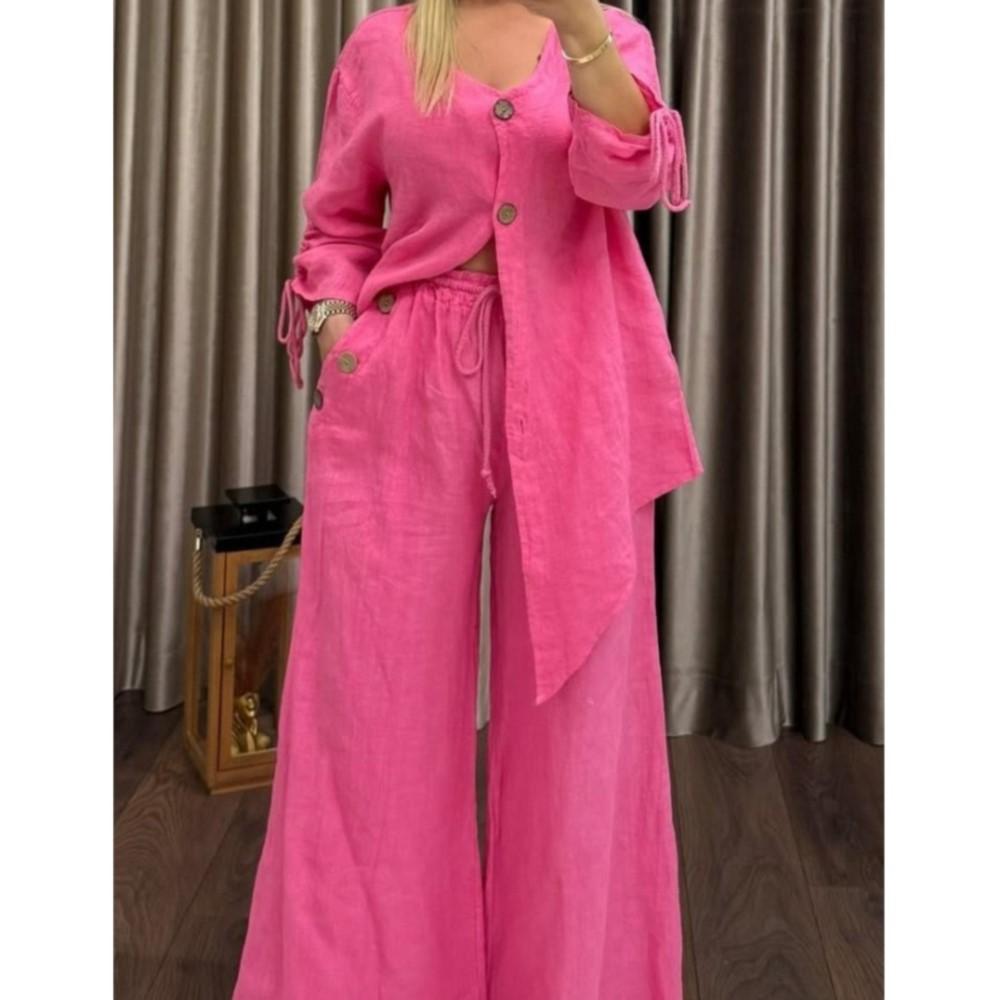 Cotton Linen Irregular Button Shirt Set Women Spring Autumn Casual Loose Retro V-Neck Cardigan + Wide-leg Long Pants 2piece Set