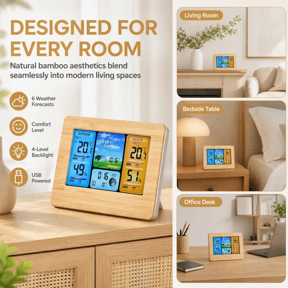 Bamboos Face Wireless Weather Station Weather Forecast Clock  Temperature Humidity Monitoring