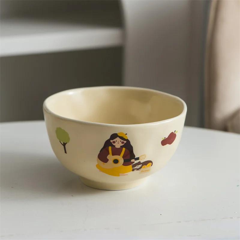 Vintage Cute Girls Ceramic Salad Bowl Dish Korean Breakfast Yogurt Oatmeal Noodle Bowls Snacks Fruit Dessert Plates Tableware