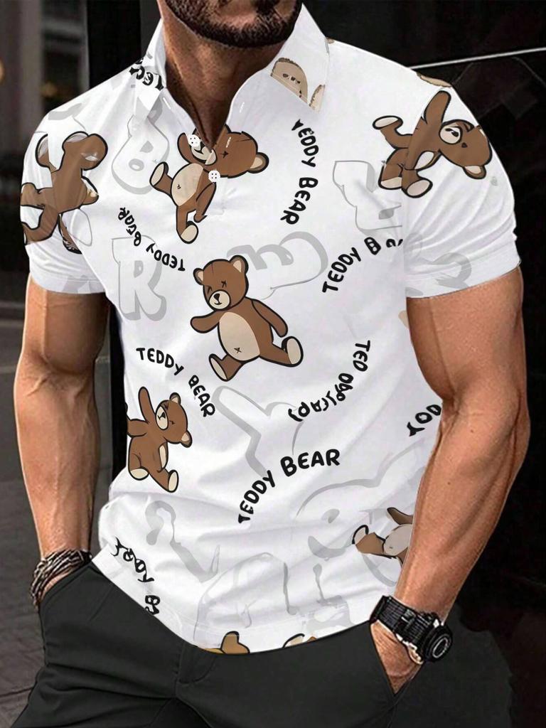 Men'S Short-Sleeve Polo Shirt with Flat Digital Print Design - No Texture - Featuring a Cute Teddy Bear And Text Print, Stylish And Easy Short