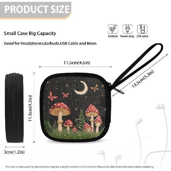 Mushrooms and Moon Carrying Earphone Case Pouch Storage Bag Holder-Earbud Case Headphones Storage Bag Pouch for Headphone, Bluetooth