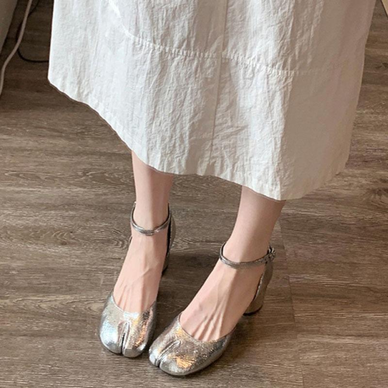 Fashion High Heels Shoes Woman Ankle Strap Silver Black Leather Pumps Split Toe Mary Janes Shoes Woman 2025 Spring Summer Heeled Sandals