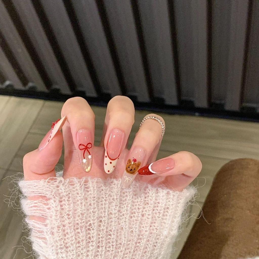 Blush French Cat Eye Princess Bow Nails - Handmade Wearable Nail Art