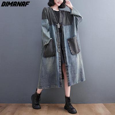 DIMANAF 2022 New Women Jacket Denim Coat Cotton Loose Outwear Autumn Winter Blue Long Vintage Cardigan