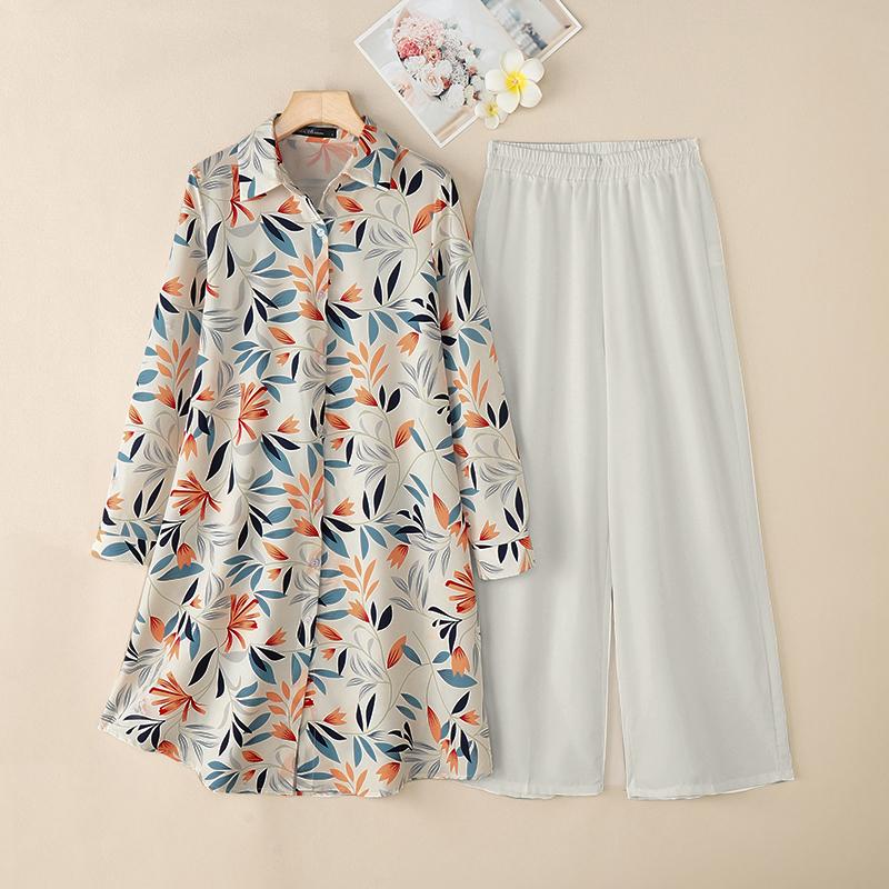 ZANZEA Women Spring Shirt Collar Long Sleeve Printed Shirt Straight Pants Two Piece Sets