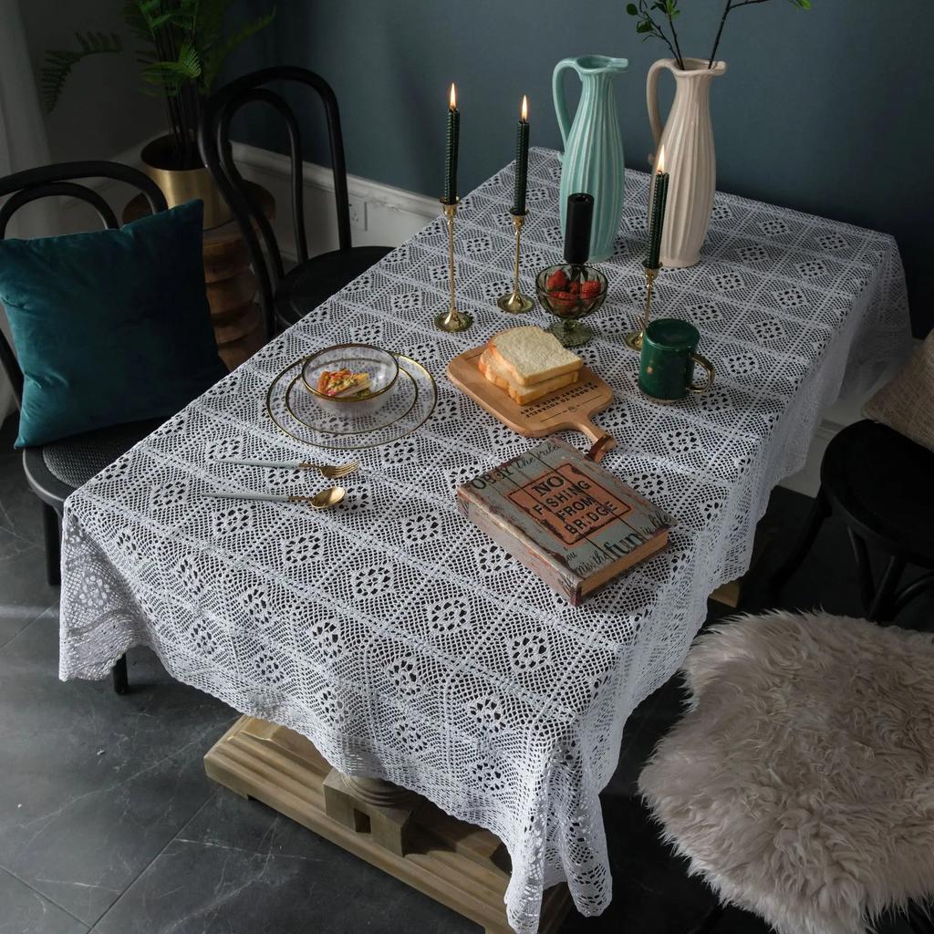 Pastora Cotton Crochet Tablecloth Rectangle Black Hollow Handmade Vintage Lace Table Cloth Cover Towel For Home Kitchen Decor