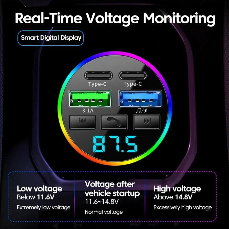 66W Fast Charge Bluetooth 5.0 FM Transmitter 4 Ports (Dual USB+Type-C) RGB Ambient Light Handsfree Car MP3 Player