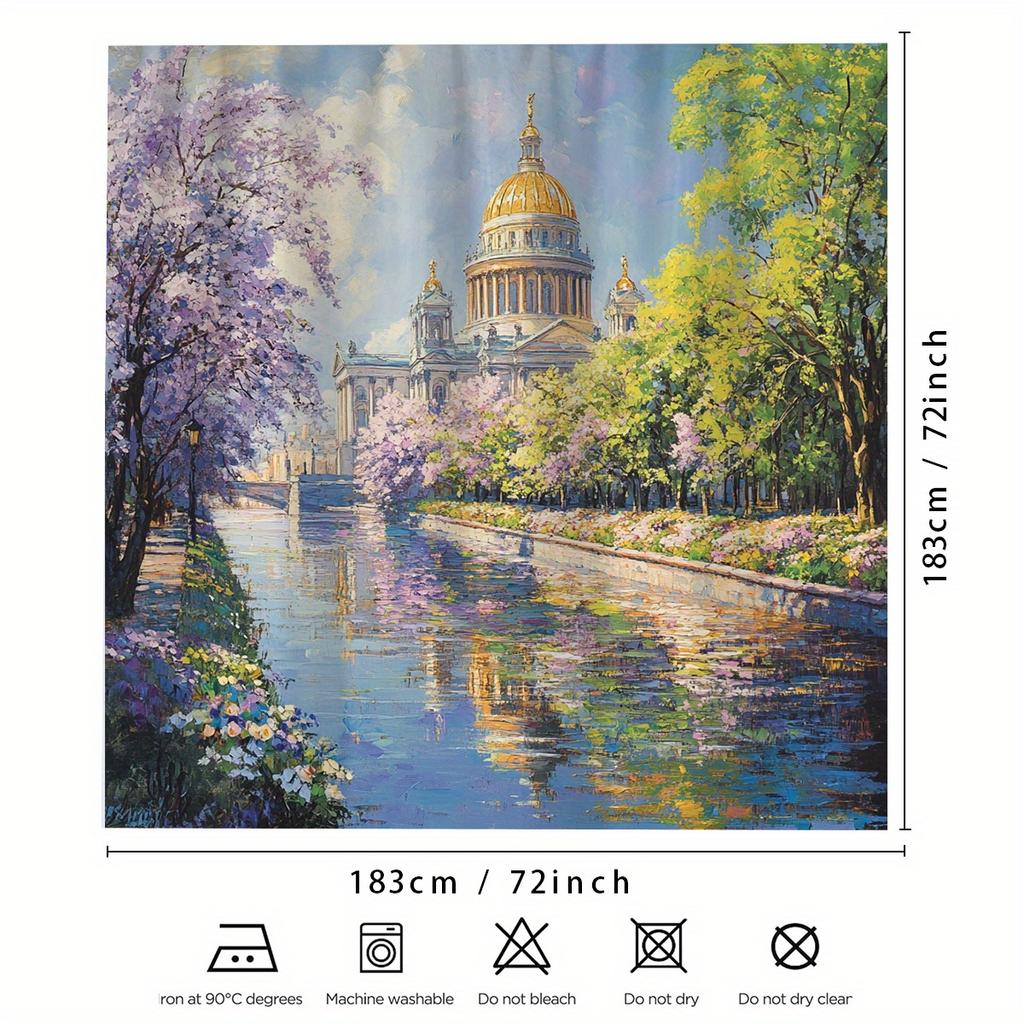 1Pc High Quality Polyester Shower Curtain - Fantasy Riverside Castle Scenery Digital Printing, Bathroom Shower Curtain Set