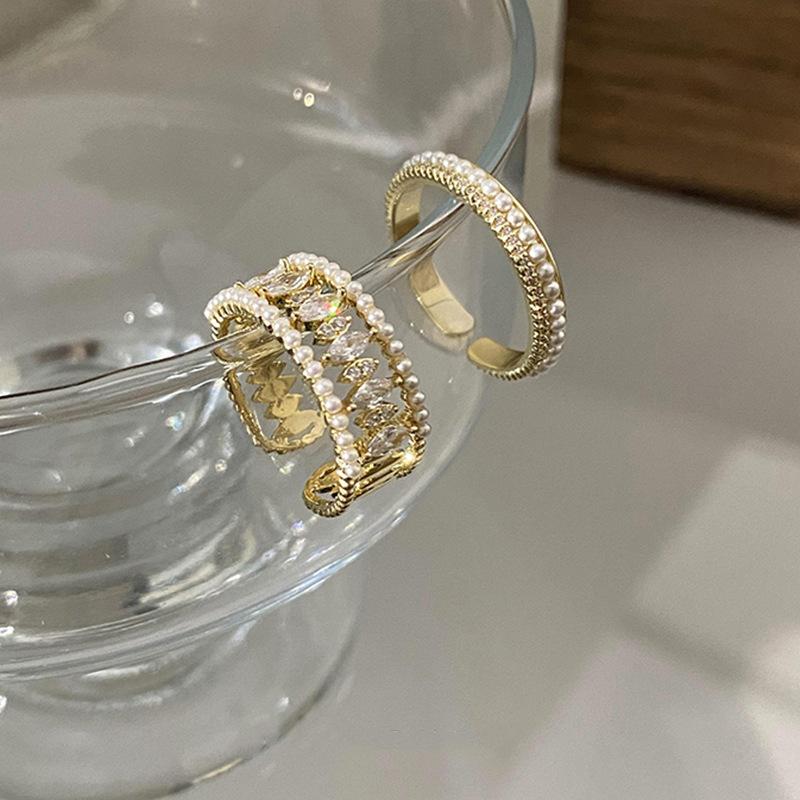 Pearl Zircon Rings for Woman Fashion Open Finger Ring Hollow-Carved Design Ring Luxury Elegant Party Jewelry Wedding Gifts Vintage Adjustable Ring