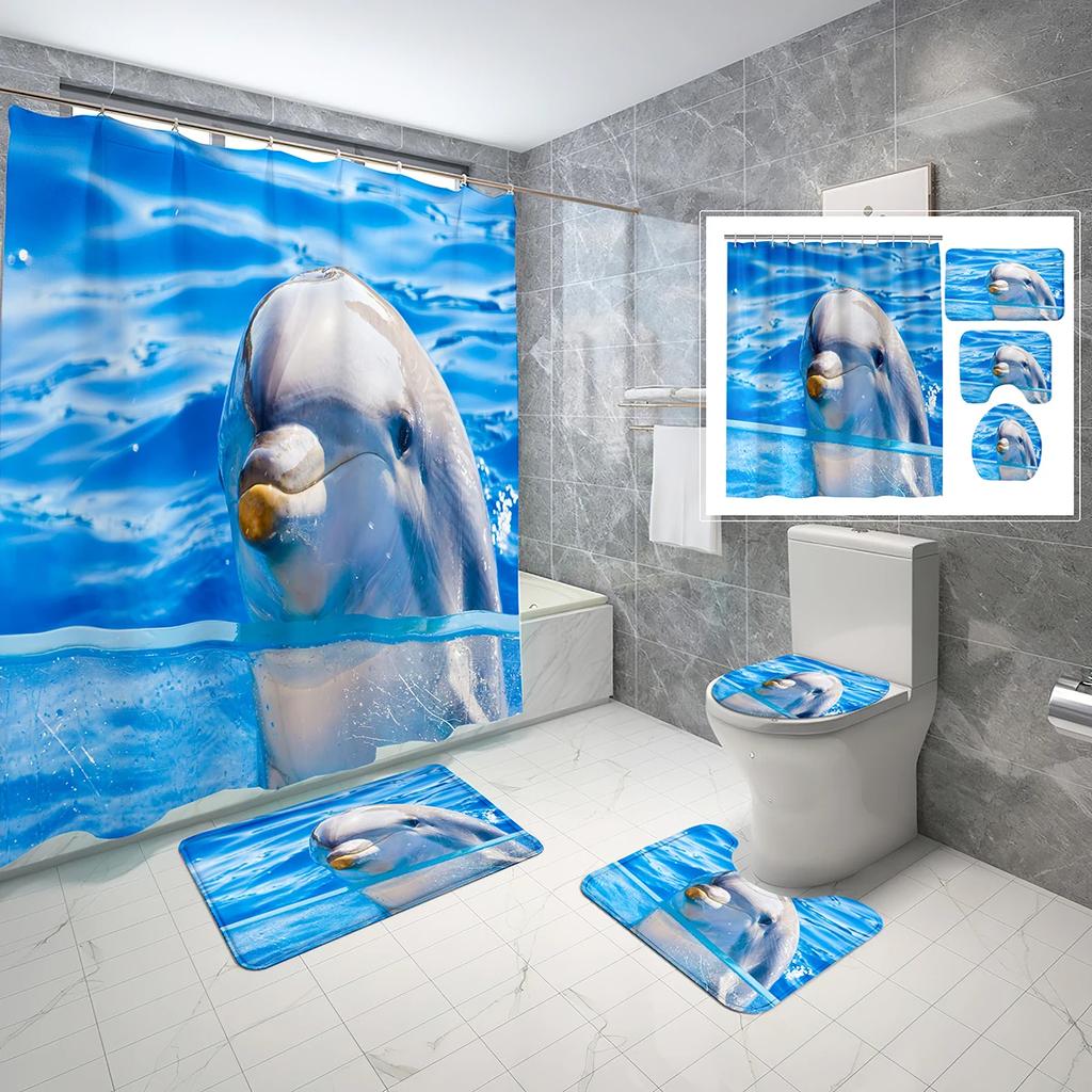 4 Sets Dolphin Shower Curtain Sets With Non-Slip Bath Mat,Toilet Lid Cover And Ocean Animals Blue Sea World Shower Curtain Set