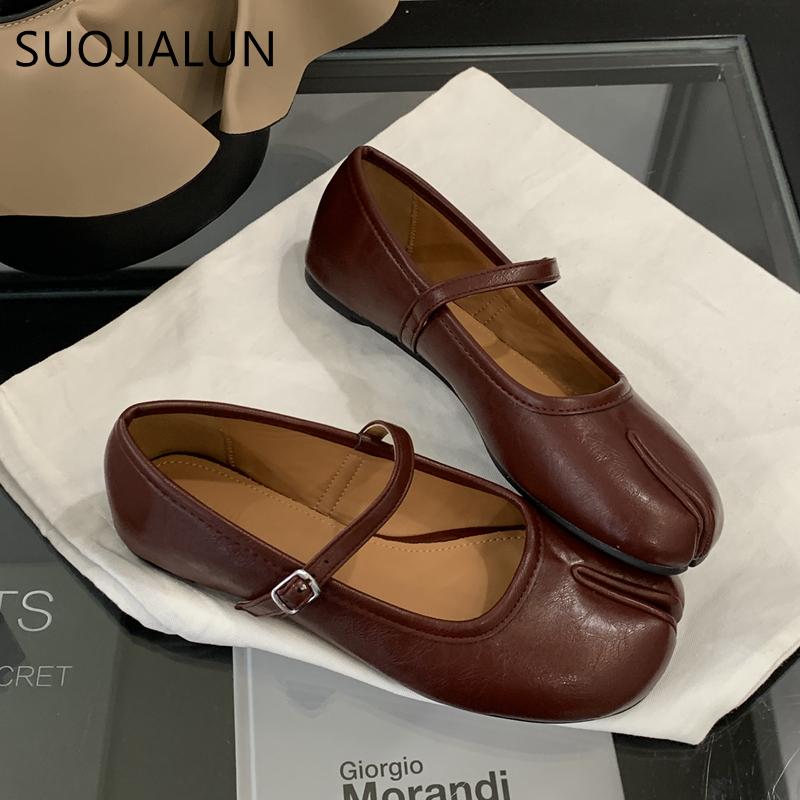 Fashion SUOJIALUN 2025 Autumn Women Flat Shoes Fashion Split Toe Slip On Mary Jane Ballet Shoes Soft Flat Heel Outdoor Casual Single Sh