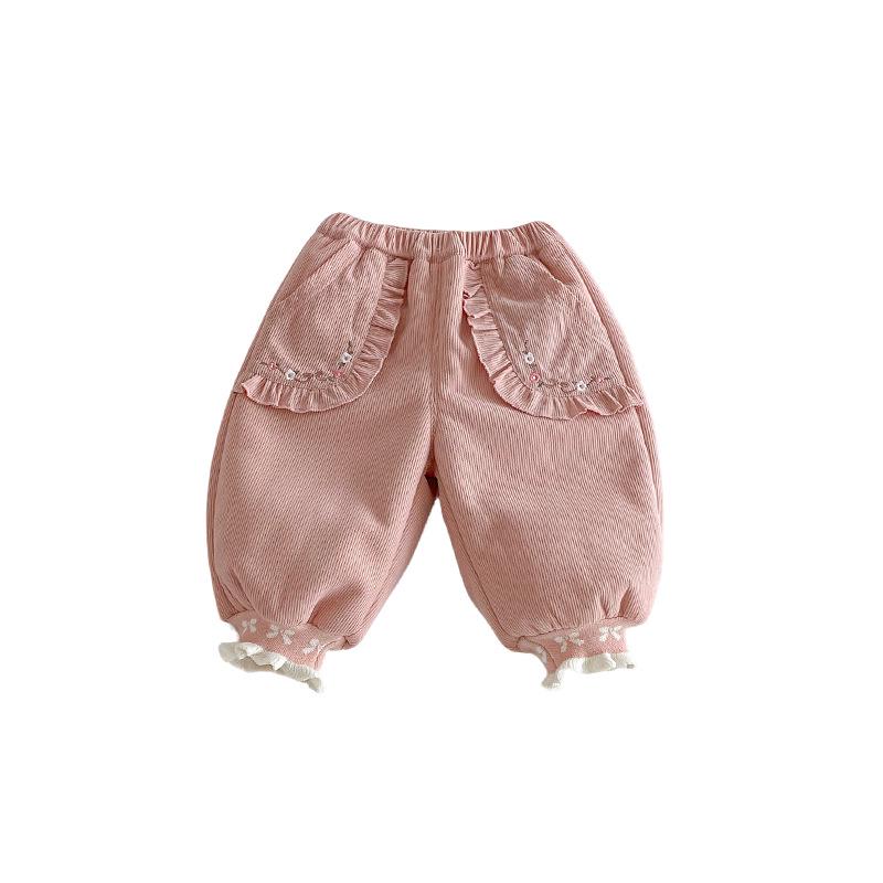 Girls' Fleece-Lined Korean Style Embroidered Joggers – Winter 2025 Children's Thick Sweatpants