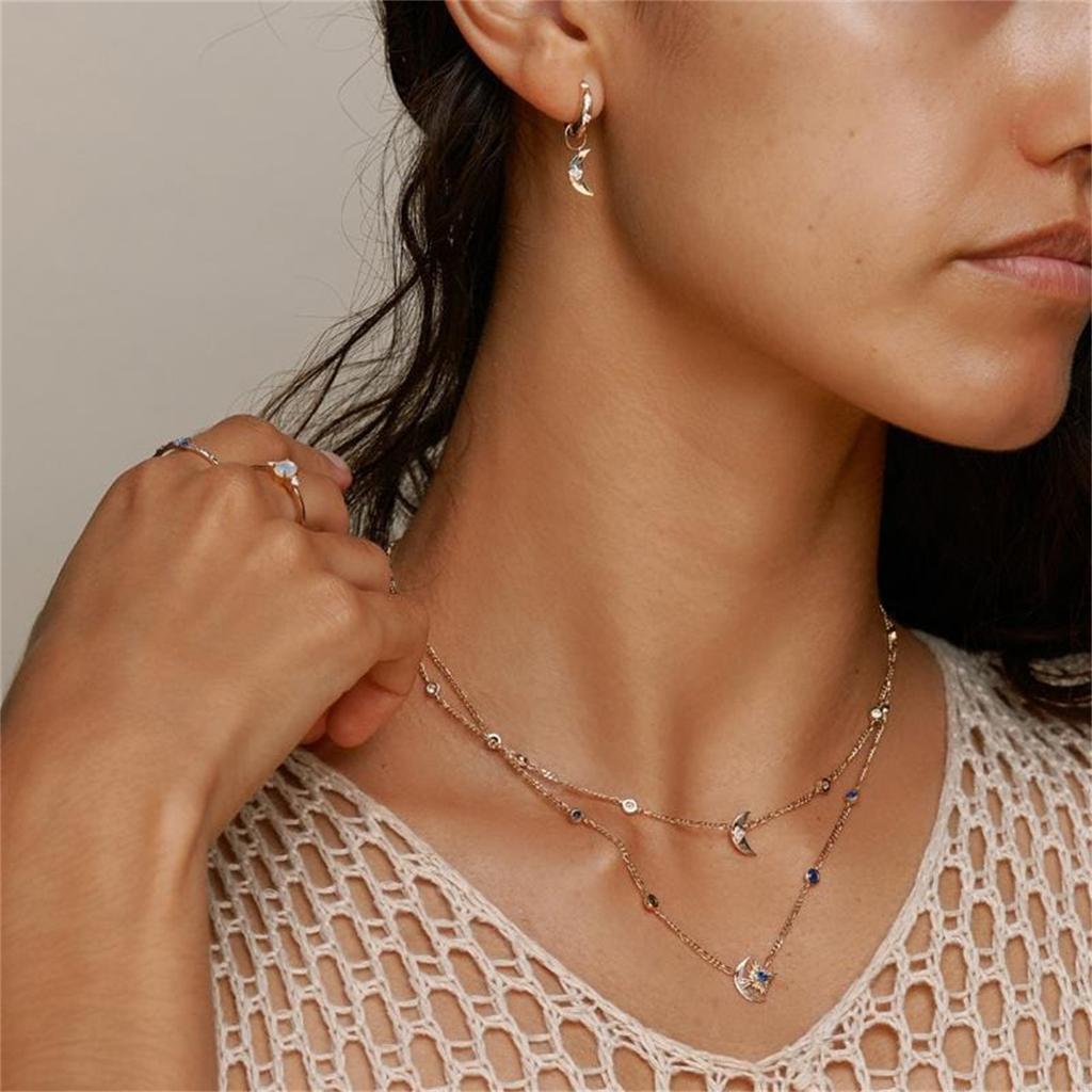 Art Retro Style Star Moon Sapphire Star Burst Necklace Copper Electroplating True Gold Color Preservation