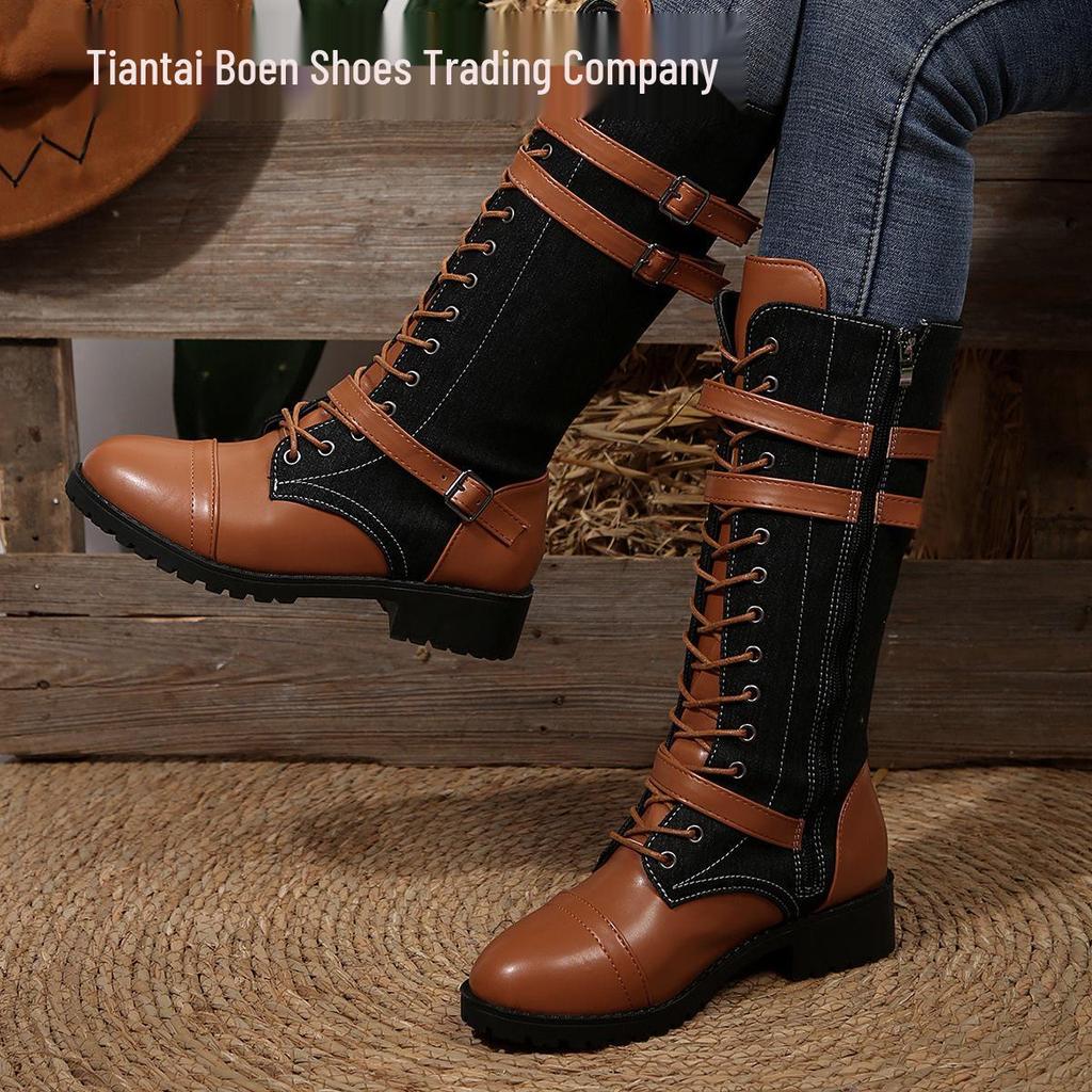 2025 European & American Mid-Calf Rivet Belt Buckle Boots: Round Toe, Square Heel, PU Leather, Autumn/Winter Knight Style