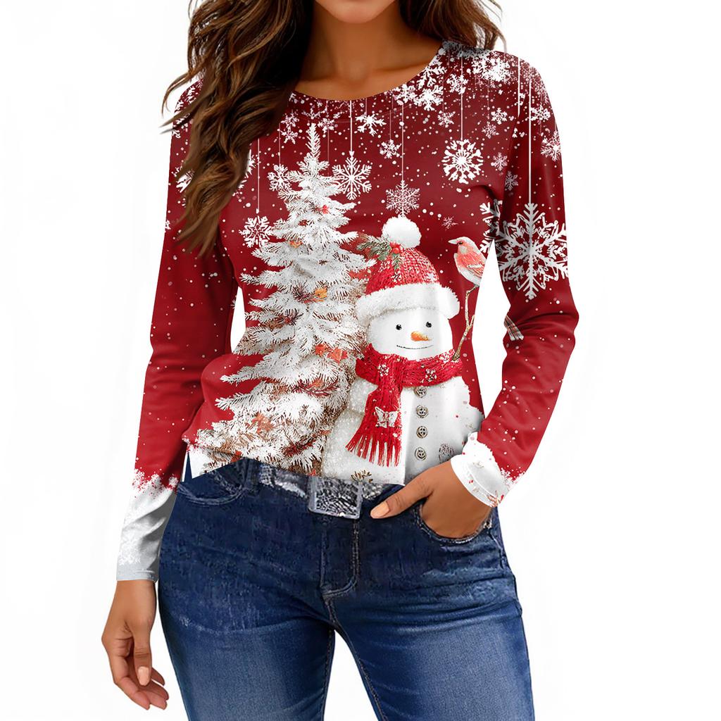 Women's Fashion Casual Slit Hem Round Neck Long Sleeve Loose Printed T-Shirt Ladies Top