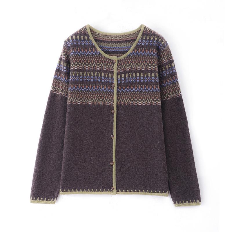 Retro Contrast Color Silk Wool Jacquard Cardigan - Women's Loose Long Sleeve Knit Top