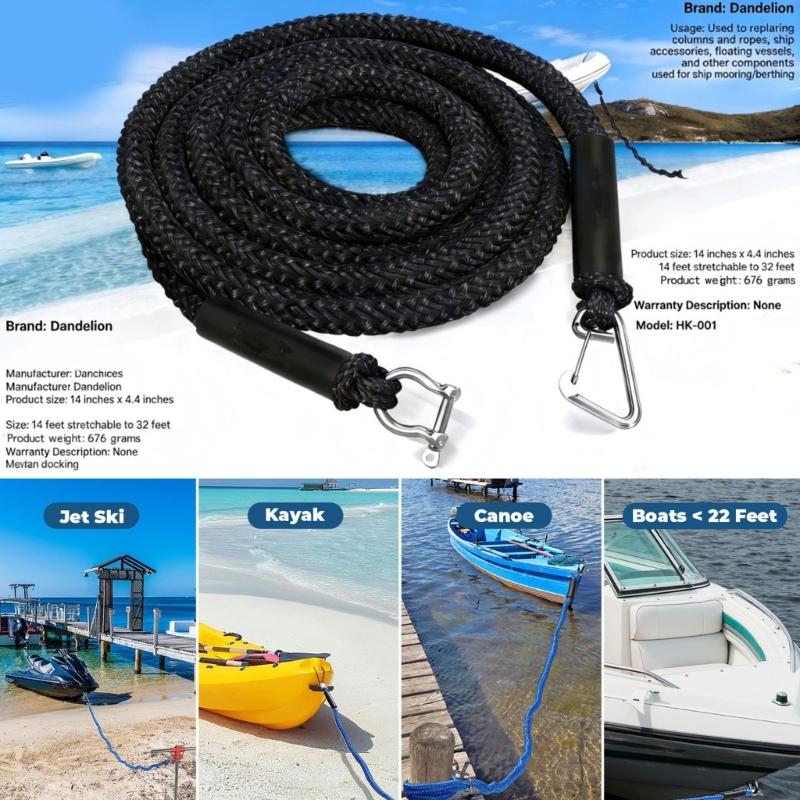 Shore-Side Mooring Rope for Small Boat Stops, Elastic Dock Line Set with Beach Stake and Quick Clip Connection