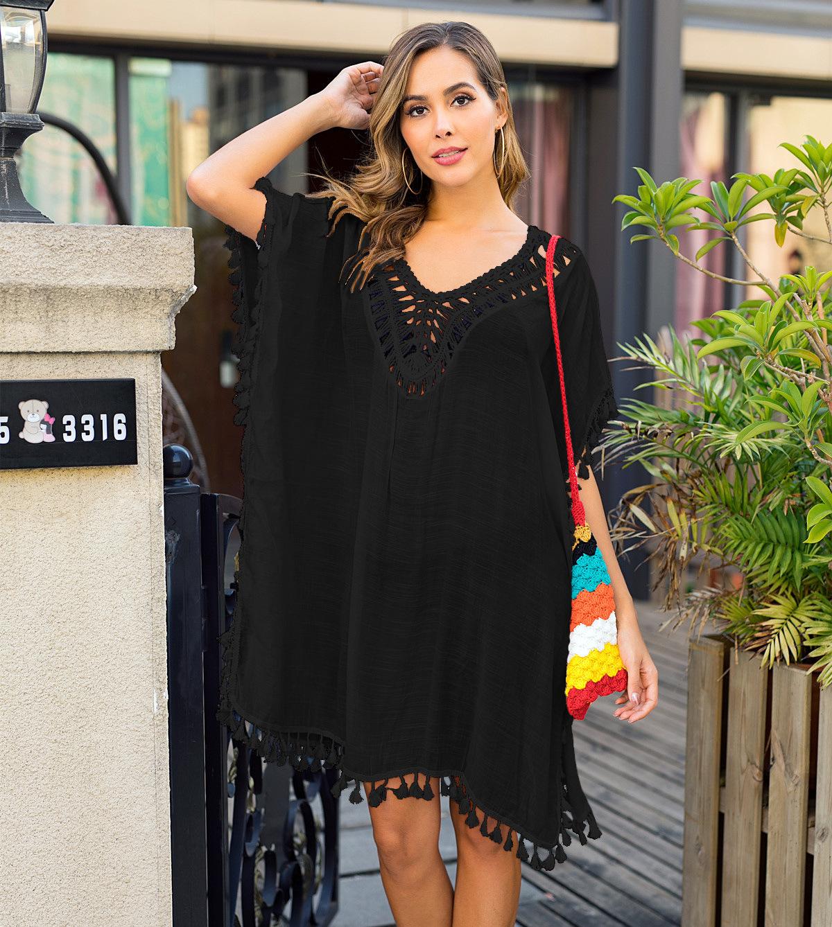 

Жіноча сексуальна спідниця з відкритою спинкою з гачком для рук і бахромою, вільна пляжна блуза для захисту від сонця чорний